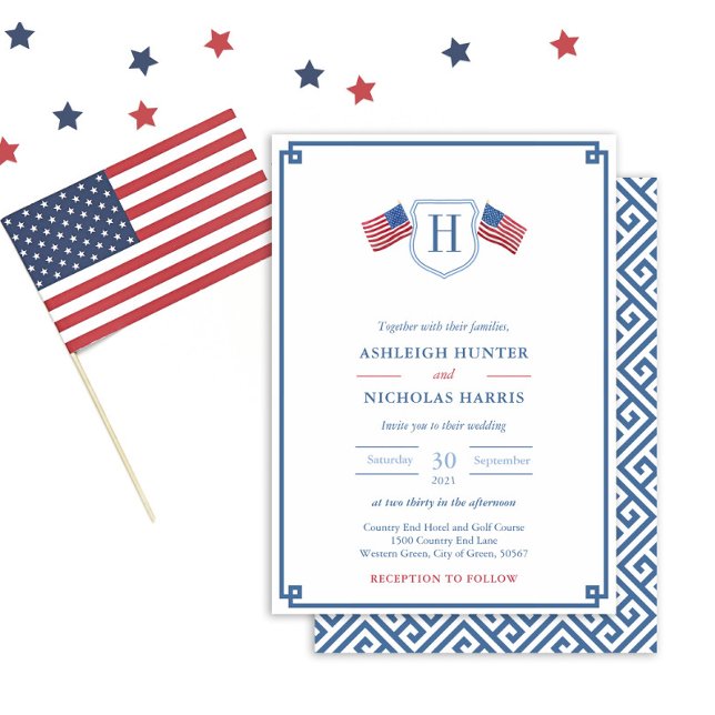 Convites Casamento Clássico com Monograma de 4 de Julho (Elegant Patriotic Red White Blue Monogram Wedding Invitation With A Blue And White Greek Key Backer)