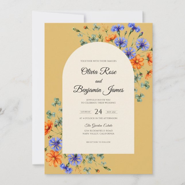 Convites Casamento Clássico com Mostarda e Azul-Celeste Flo (Frente)