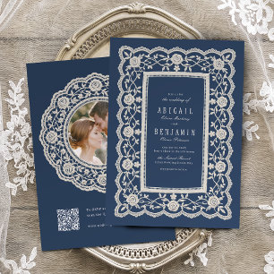 Convites Casamento Clássico com Renda Floral Azul Marinho V
