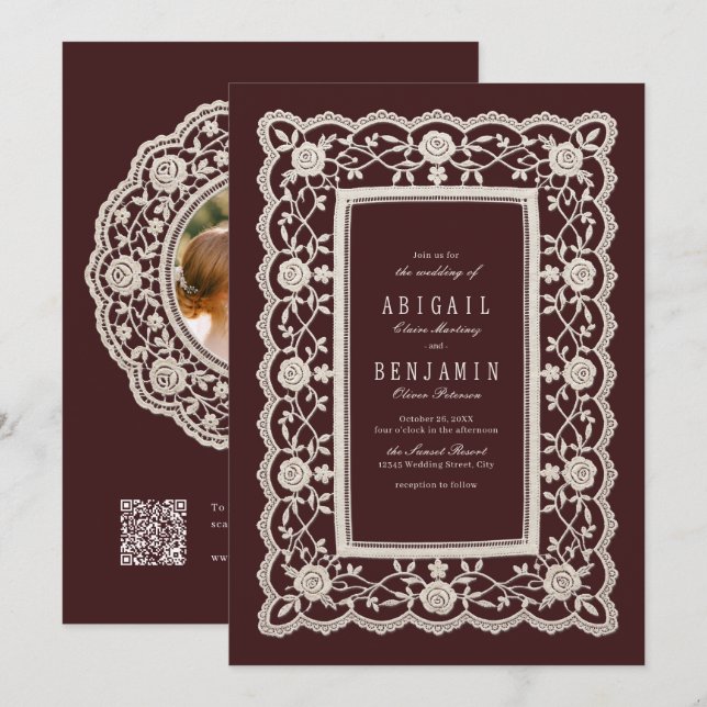 Convites Casamento Clássico com Renda Floral Borgonha Vinta (Frente/Verso)