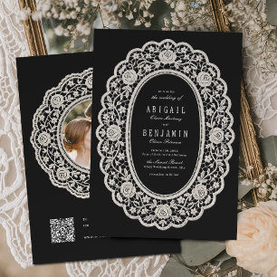 Convites Casamento Clássico com Renda Floral Preta Vintage