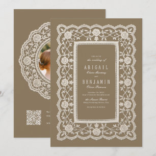 Convites Casamento Clássico com Renda Floral Vintage Neutra