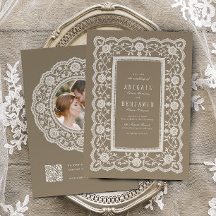 Convites Casamento Clássico com Renda Floral Vintage Neutra