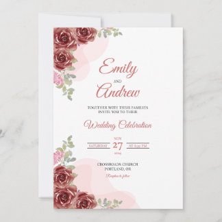 Convites Casamento Clássico com Rosa Borgonha em Aquarela F