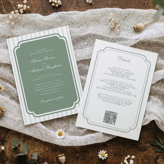 Convites Casamento Clássico Country Club Verde Sage (All-in-one sage green striped wedding invitation with details and QR code on back.)