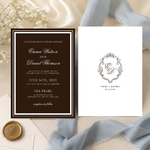 Convites Casamento Clássico Crest Monograma Marrom Chocolat