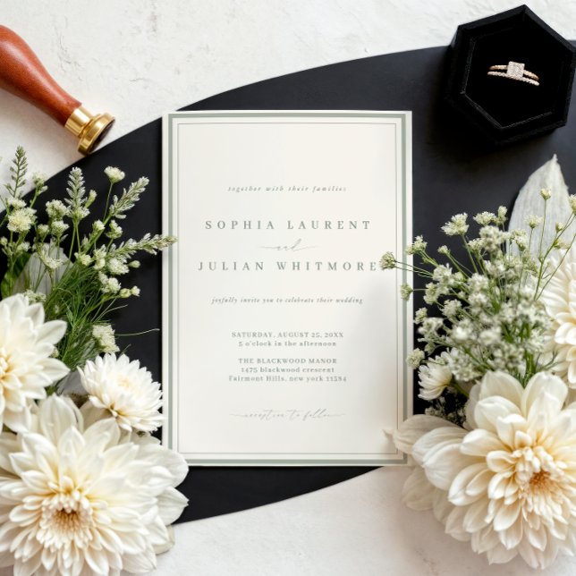 Convites Casamento Clássico de Borda Verde Safira Elegante (Criador carregado)
