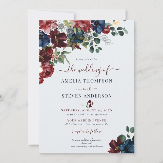 Convites Casamento Clássico de Borgonha e Marinho (Frente)