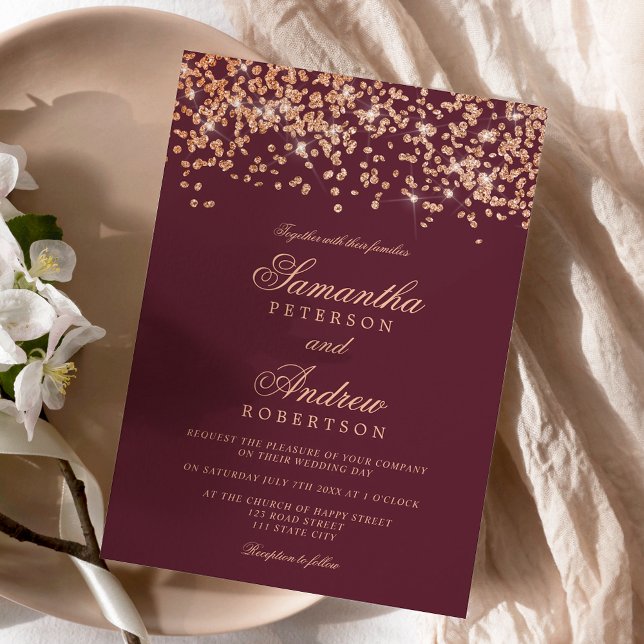 Convites Casamento clássico de burgundy rosa gold confetti (Classic red burgundy rose gold confetti wedding invitation)