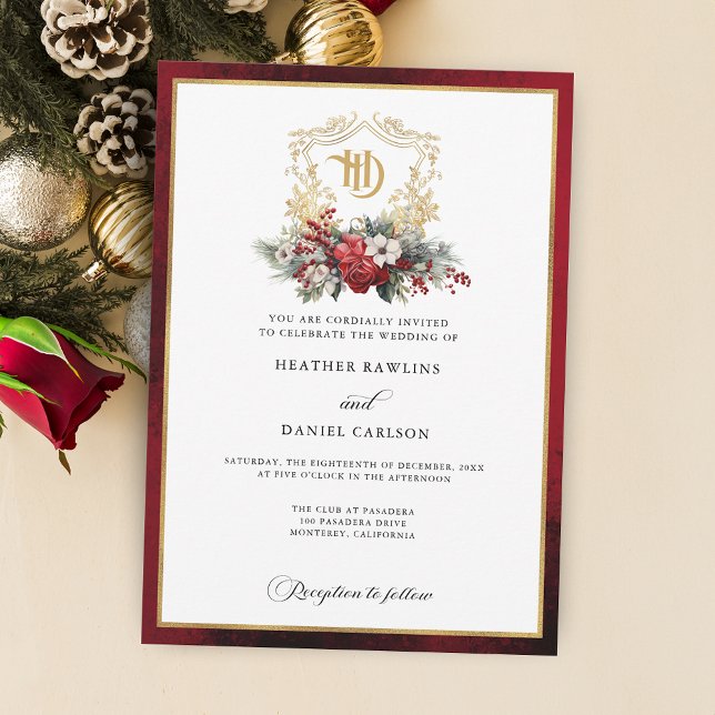 Convites Casamento Clássico de Crest Floral Monograma (Criador carregado)