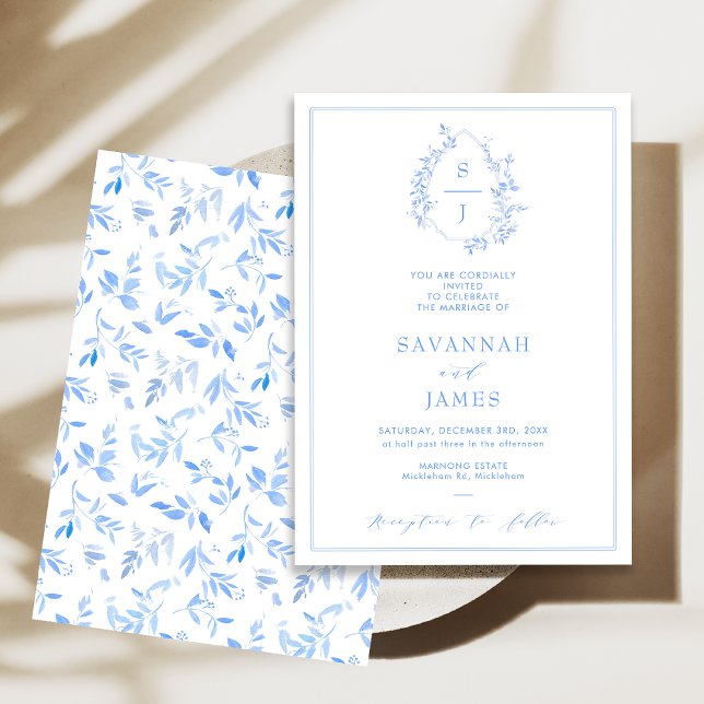 Convites Casamento Clássico de Folhagem Azul Crest (Classic Blue Crest Wedding Invitation, Blue Monogram Wedding Invitation, Watercolor Foliage Crest)