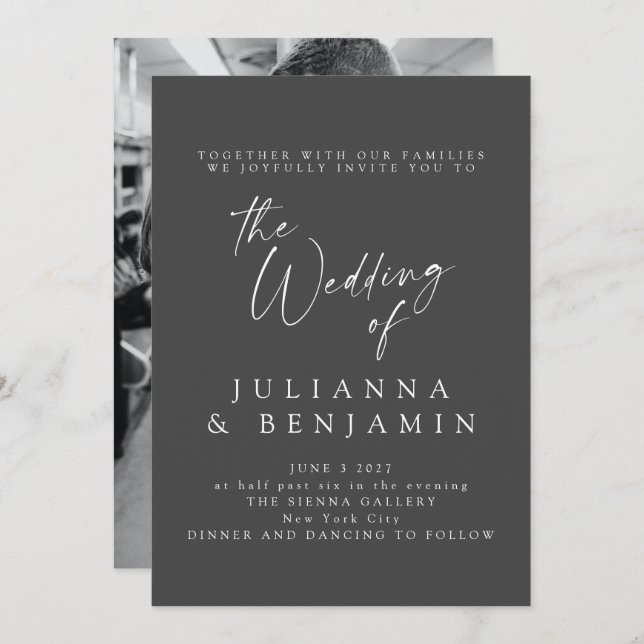 Convites Casamento Clássico de Foto do Script Preto Elegant (Frente/Verso)