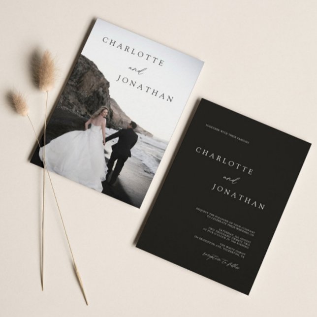 Convites Casamento Clássico de Foto Negra Moderna Elegante (Criador carregado)