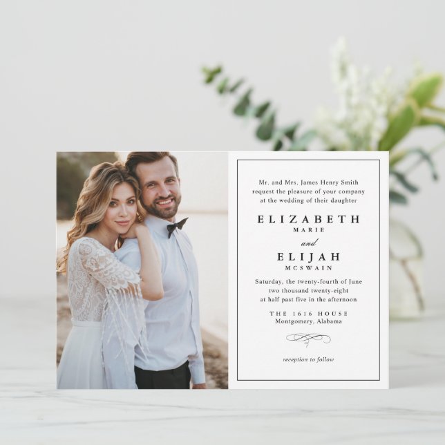 Convites Casamento clássico de fotos em preto e branco (Em pé/Frente)