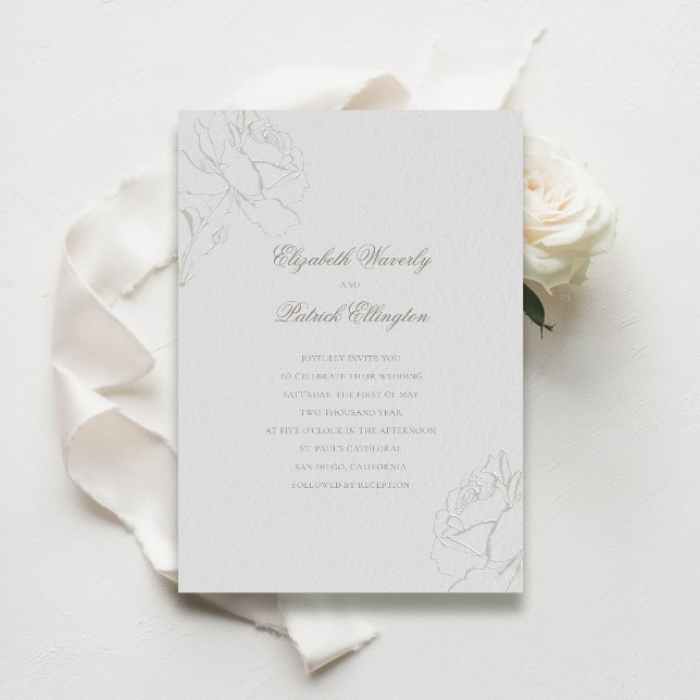 Convites Casamento Clássico de Ivory Modern, Rosas Embrisad (modern classic wedding invitation roses frame calligraphy elegant traditional ivory formal tradition)