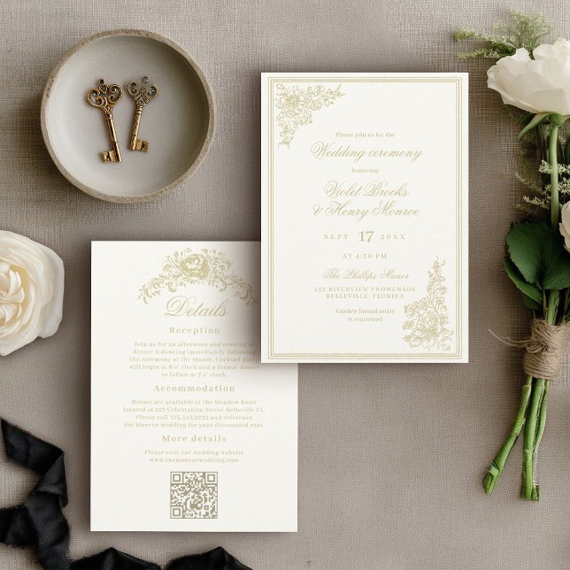 Convites Casamento Clássico de Jardim Detalhes no Verso (Elegant gold floral wedding invitation with romantic script typography and formal ceremony wording, )