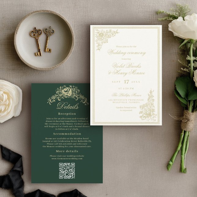 Convites Casamento Clássico de Jardim Detalhes no Verso (Elegant gold floral wedding invitation with romantic script typography and back details with QR code)