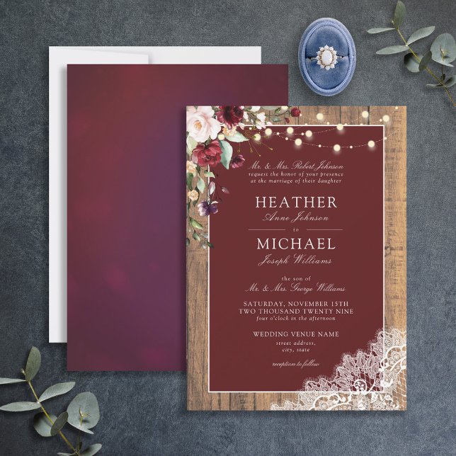 Convites Casamento Clássico de Lace de Madeira Blush Burgun (Criador carregado)