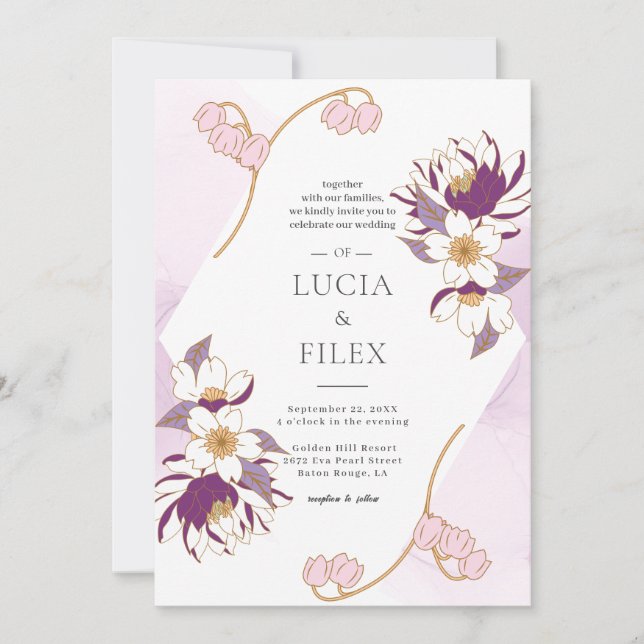 Convites Casamento Clássico de Lotus & Color Ink Pruple (Frente)
