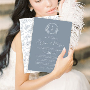 Convites Casamento clássico de monograma floral azul empoei
