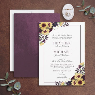 Convites Casamento Clássico de Plum Purple Sunflower Water