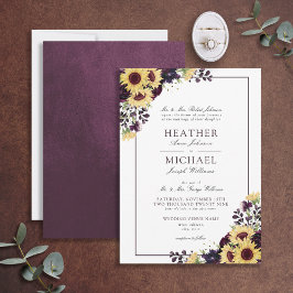 Convites Casamento Clássico de Plum Purple Sunflower Waterc