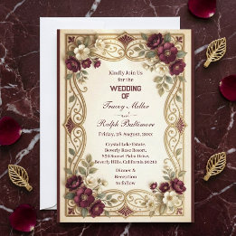 Convites Casamento Clássico de Rosas Bordeaux Douradas Art