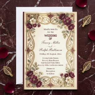 Convites Casamento Clássico de Rosas Bordeaux Douradas Art