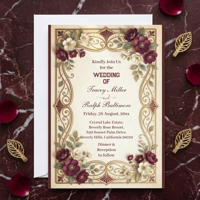 Convites Casamento Clássico de Rosas Bordeaux Douradas Art  (Art Nouveau Golden Burgundy Roses Classic Wedding Invitation)