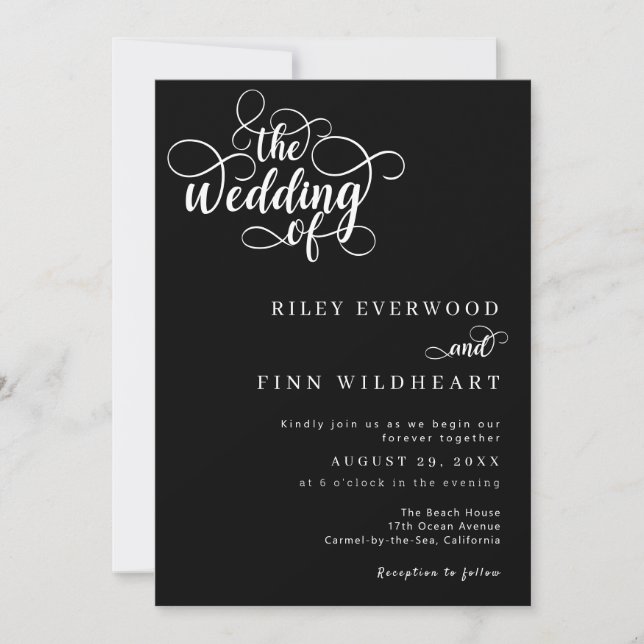 Convites Casamento Clássico de Script Branco e Preto (Frente)
