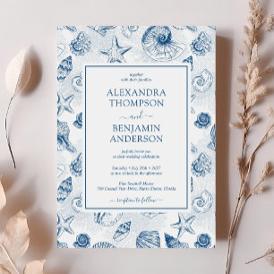 Convites Casamento Clássico de Seashell Toile - Azul Francê