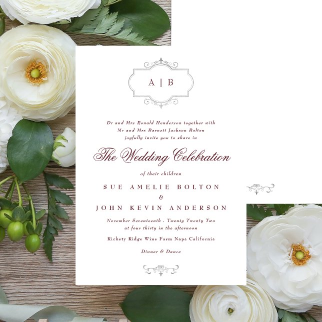 Convites casamento clássico do monograma de prata maroon bu (Criador carregado)