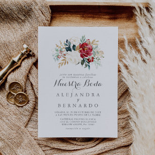 Convites Casamento Clássico Dourado Burgundy Floral Nuestra