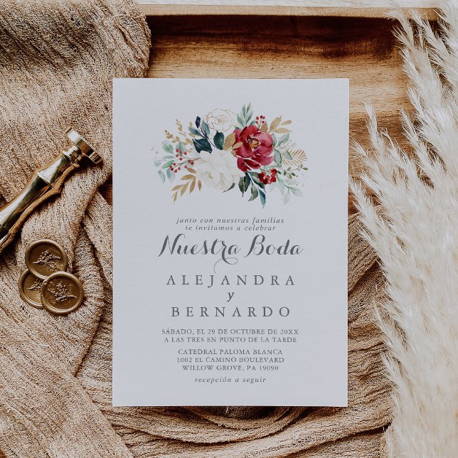 Convites Casamento Clássico Dourado Burgundy Floral Nuestra (Criador carregado)