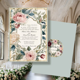 Convites Casamento Clássico Dourado Francês Vintage Floral