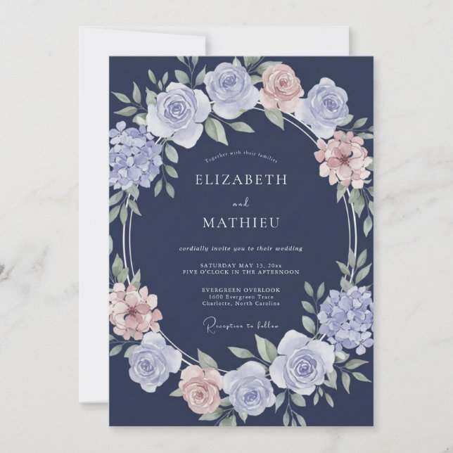 Convites Casamento Clássico e Elegante Azul Naval (Frente)