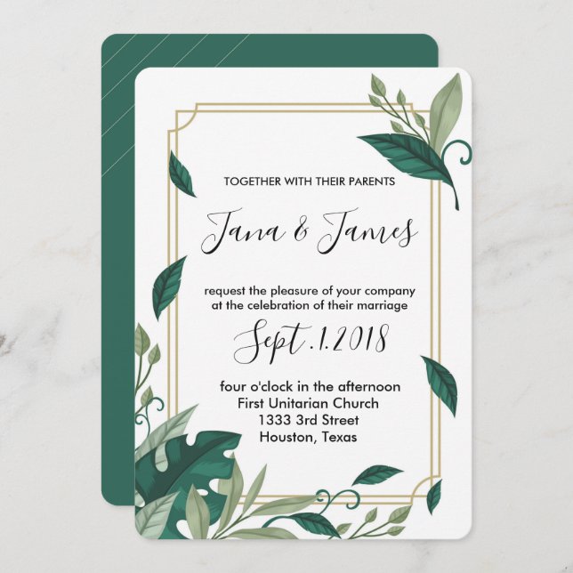 Convites Casamento clássico e elegante de licença verde sof (Frente/Verso)