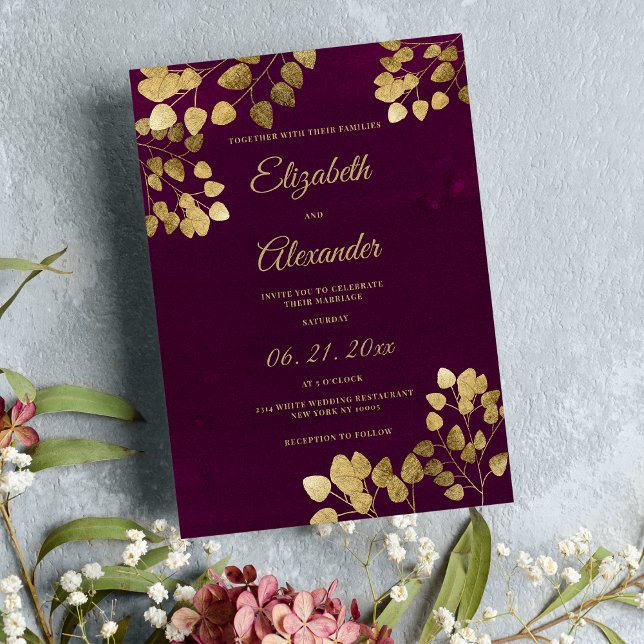 Convites Casamento clássico e elegante de ouro burgundy euc (Elegant classic burgundy gold eucalyptus wedding)