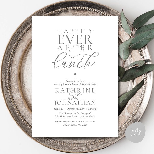 Convites Casamento Clássico e Intimo Almoço Feliz para Semp (Happily Ever After Lunch Classy Wedding Elopement Invitation card in dark grey)