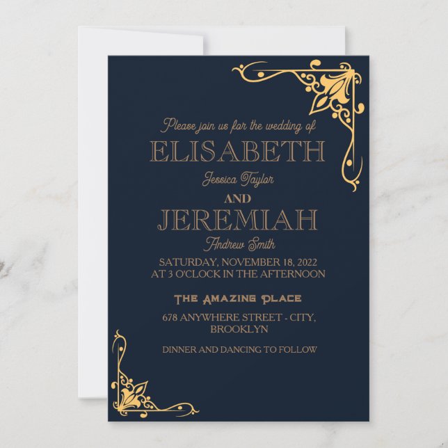 Convites casamento clássico e luxuoso de ouro azul (Frente)