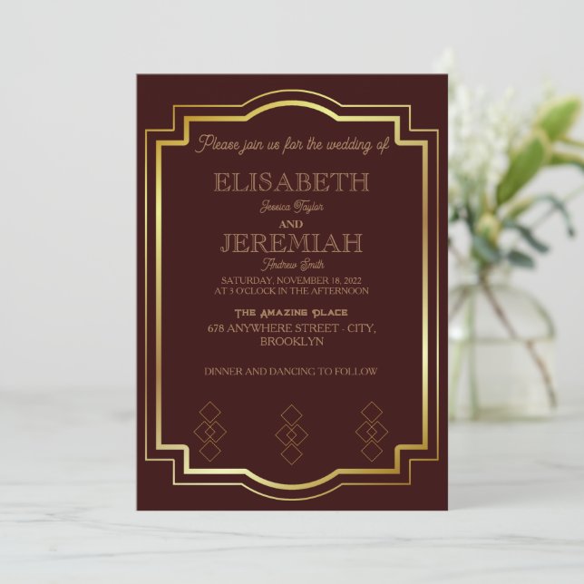 Convites casamento clássico e luxuoso de ouro vermelho (Em pé/Frente)