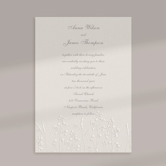 Convites Casamento Clássico Ecru De Flores Selvagens Com Ma (formal traditional wedding invitation faux embossed wildflowers art sketch ecru calligraphy)