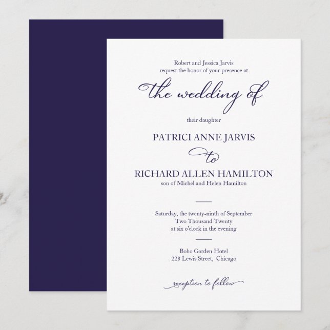 Convites Casamento Clássico Elegante Azul Marinho Script (Frente/Verso)