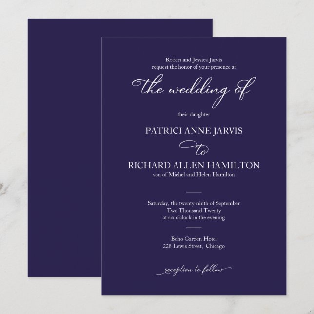 Convites Casamento Clássico Elegante Azul-Navy e Branco em  (Frente/Verso)
