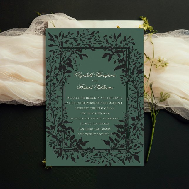 Convites Casamento Clássico Elegante Botânico da Floresta M (moody forest wedding invitation botanical frame green elegant modern traditional calligraphy)