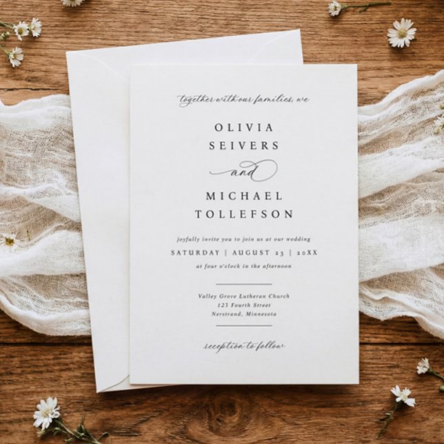 Convites Casamento Clássico Elegante Caligrafia Preto e Bra (Classic black and white wedding invitation with elegant calligraphy and traditional script)