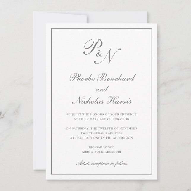 Convites Casamento Clássico Elegante Cinza (Frente)