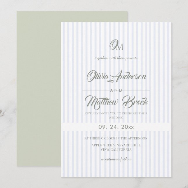 Convites Casamento Clássico Elegante com Listras Azuis e Sa (Frente/Verso)