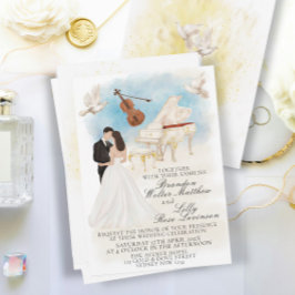 Convites Casamento Clássico Elegante com Noiva e Piano do G