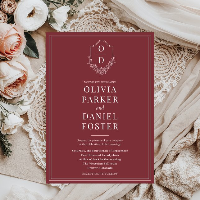 Convites Casamento Clássico Elegante Crest Burgundy (Criador carregado)